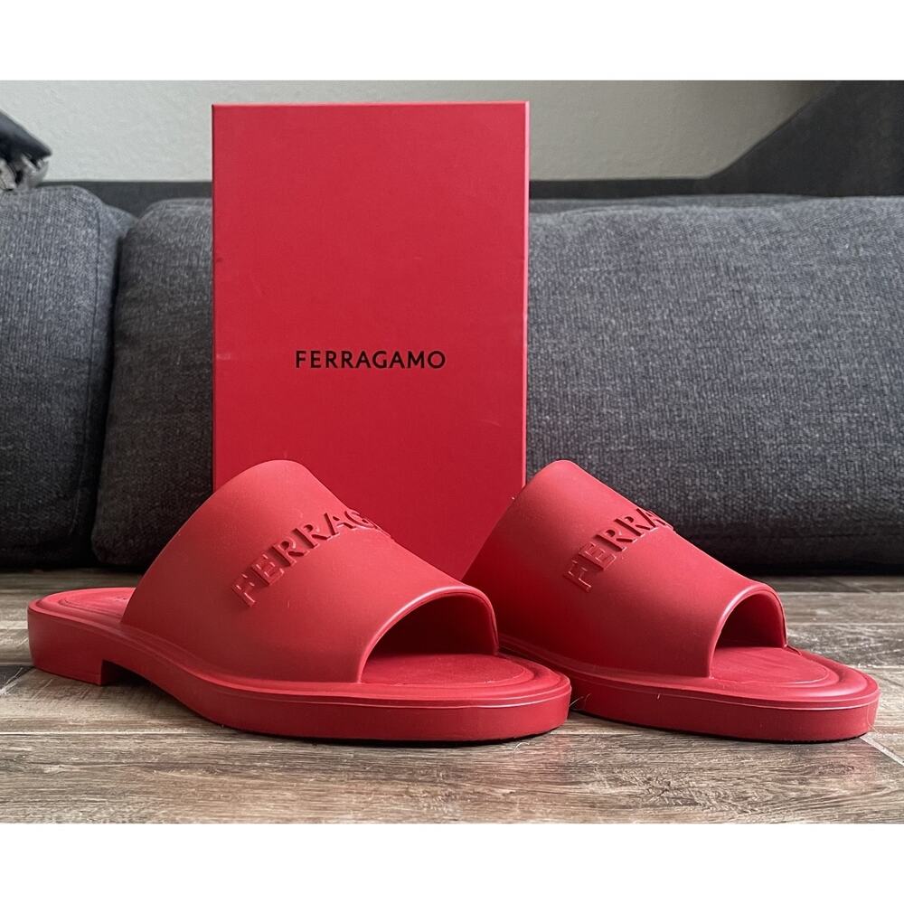 $995 NIB Ferragamo Mens Giuneva Logo Red Embossed Slides US Size 12 E